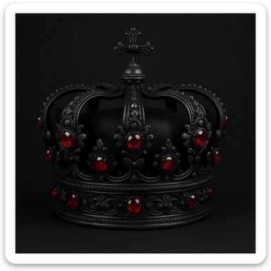 a matte black royal crown with sparkling red rubies, ornate details sticker