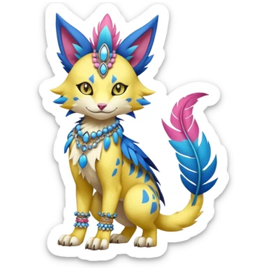 Kawaii cute yellow, blue, pink, exotic tribal beautiful pretty elegant divine edgy feline-vernid-sergal-Fakémon-Pokémon-Digimon-fursona-animal-creature with bracelet, necklace, full body, with intricate detailed markings, feather headdress  sticker
