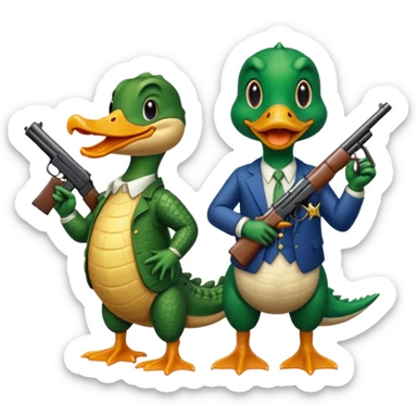 Alligator and a duck holding a gun sticker
