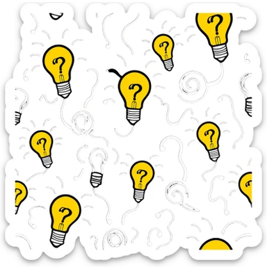 Group of men with chaotic minds, swirling tornadoes of tangled thoughts around their heads, containing question marks, light bulbs, and scribbles. The men have bewildered, overwhelmed expressions. sticker