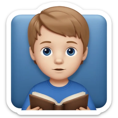 Light brown haired toddler boy with dark blue eyes with book indoors sticker