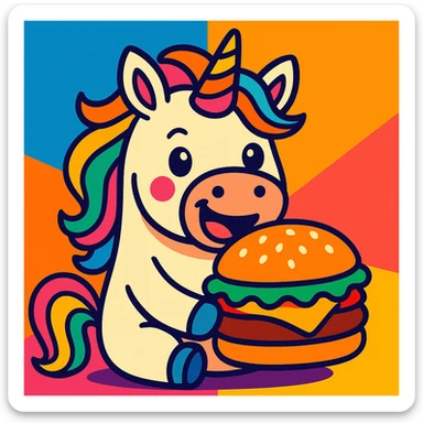 unicorn with a hamburger, colorful, cheerful, vibrant toon style sticker