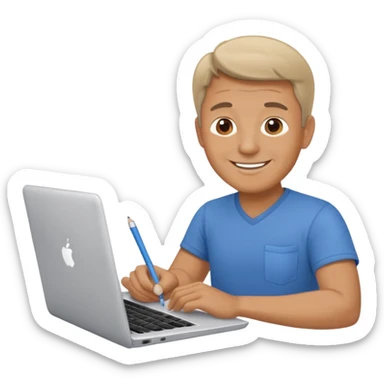middle aged man looking at laptop and writing and smiling sticker