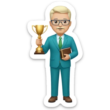 Full Body white middle aged male plus size wearing glasses with a goatee with light blonde and gray very short hair basketball head Coach in blue and green suit holding trophy sticker