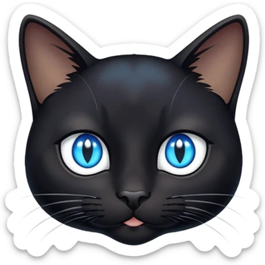 black cat face with bright blue eyes and a small white patch sticker