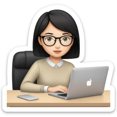 Asian girl with black short hair sitting at desk with Mac laptop sticker