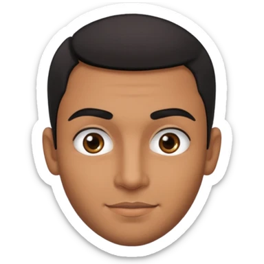 Dark olive skin man, center rised eyebrows, very light smile so that lips are very close to liner and horizontal, some how liner and small eyes sticker