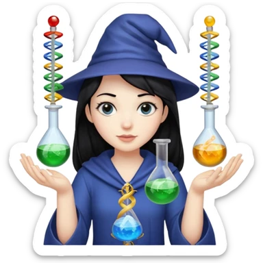 Female wizard with black hair holding a double helix DNA one hand and a methyl group in the other sticker