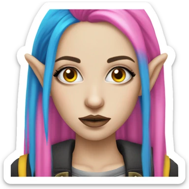 Blue eyed long eye lashes pout blonde and pink hair pale hime gyaru girl, hot pink and yellow split-dyed hair, nose ring, elf ears, dark makeup, punk clothes sticker