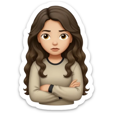 Hispanic light tan girl with long dark wavy hair with arms folded and pouting. Wearing a long sleeve. Hair with middle part. sticker