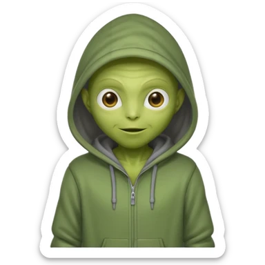 green alien in gray hoodie full height, wear hoodie hat, happy sticker