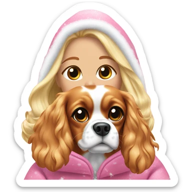 Blond in pink sparkly snow suit holding a cavalier King Charles while it’s snowing sticker