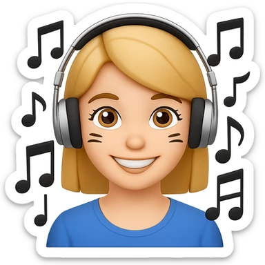 Add headphones to the smiling face with audiobook and music notes emoji, keeping the background transparent. The headphones should be prominent and harmonize with the emoji's existing features. sticker