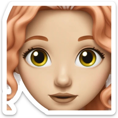 white girl with long wavy light red hair and green eyes, lashes, pink lipstick sticker
