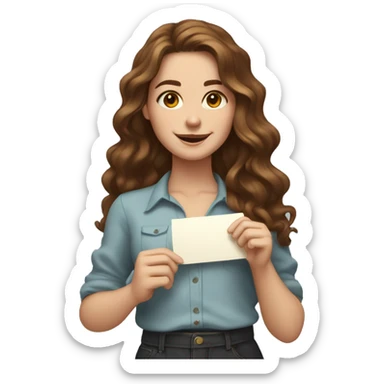 a young woman with wavy long brown hair. She has a friendly expression and is holding several ornate card sticker