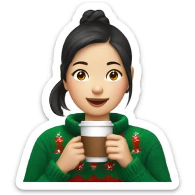 asian girl drinking coffee wearing Christmas sweater sticker