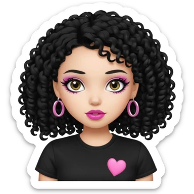 a pretty bratz girl with curly black hair, eyeliner, wearing a black tshirt sticker