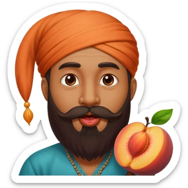 Indian man with a long beard licking a peach sticker