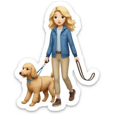 girl with long blonde hair with casual outfit walking a goldendoodle on a leash sticker