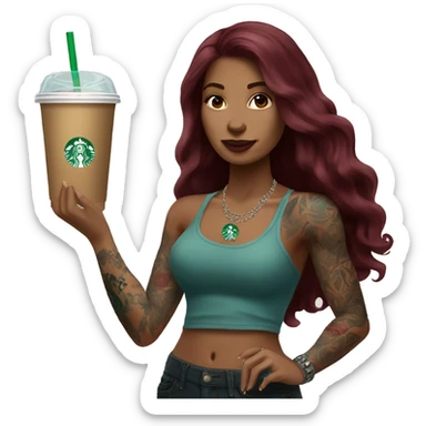 Beautiful tattooed  burgundy long haired woman holding a Starbucks drink sticker