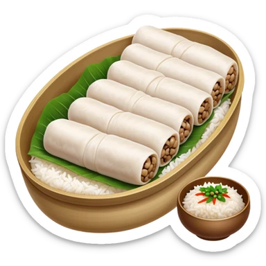 Cinematic Realistic B√°nh cu·ªën Dish Emoji, featuring steamed rice rolls filled with savory minced pork and mushrooms rendered with soft textures and inviting, warm lighting. sticker
