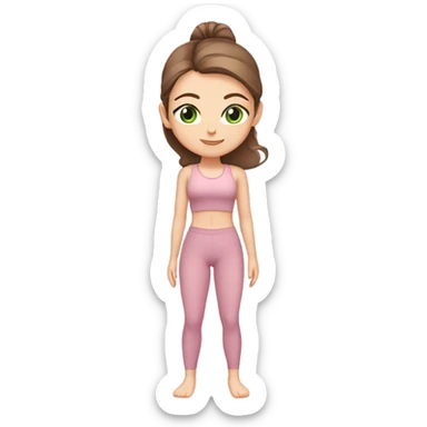 White girl with brown hair green eyes in light pink workout set on yoga mat sticker