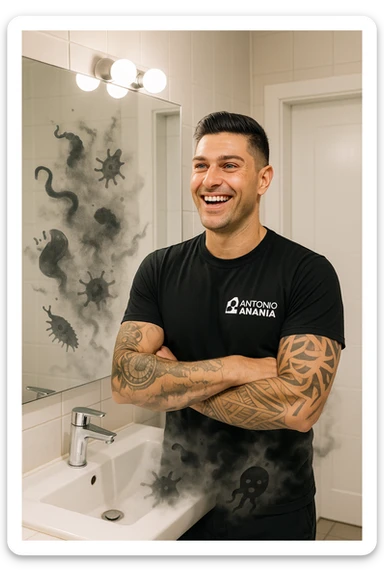 a man stands in a brightly lit bathroom, looking relieved and revitalized as he examines his reflection in the mirror. In the foreground, stylized, shadowy images of parasites (such as worms or protozoa) are shown leaving his body, dissolving into mist or fading away. His posture is upright and his expression is one of newfound energy and health. sticker