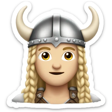 viking with long blonde hair and braids, white skin, wearing helmet with horns sticker