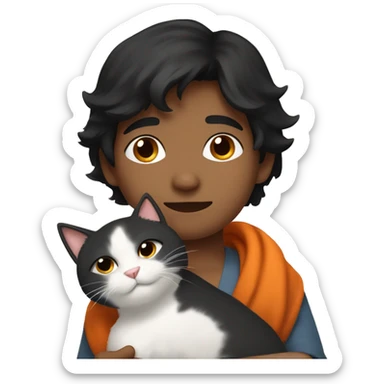 Black haired Indian boy with long fur orange and white cat cuddling sticker