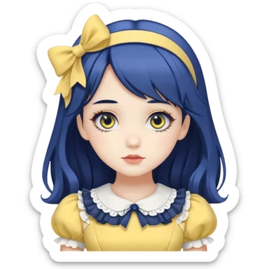 sweet lolita with dark blue hair, gray eyes, white skin, wearing a yellow dress sticker