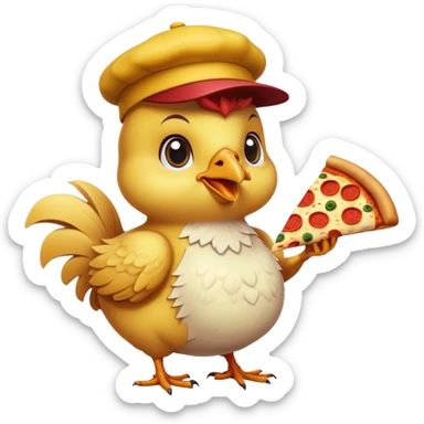 Pollito de color amarillo con un sombrero  agarrando un pedazo de pizza sticker