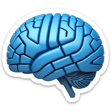 3D blue style icon representing artificial intelligence, stylized brain with digital circuit patterns, futuristic and clean, no text/letters/acronyms. No background. sticker
