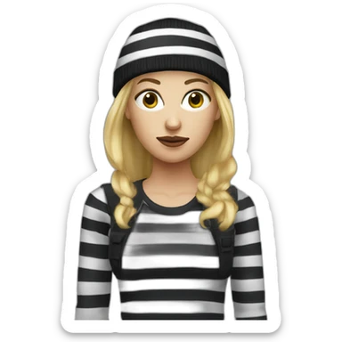 bank robber blonde woman with black beanie hat eye mask and striped shirt sticker