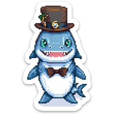 pixel art shark, monocle and tophat sticker