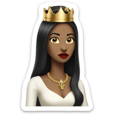 Queen with light olive skin, long black hair, bright red lips, skinny gold crown, white dress, and evil stare. sticker