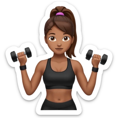 beautiful girl with brown hairs in sport wear in her hands is dumbbells sticker