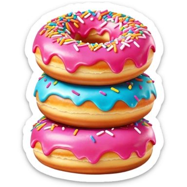 Cinematic fluffy donuts, perfectly golden and dusted with powdered sugar, vibrant icing with sprinkles, stacked in a playful arrangement, soft glowing highlights, warm and inviting. sticker