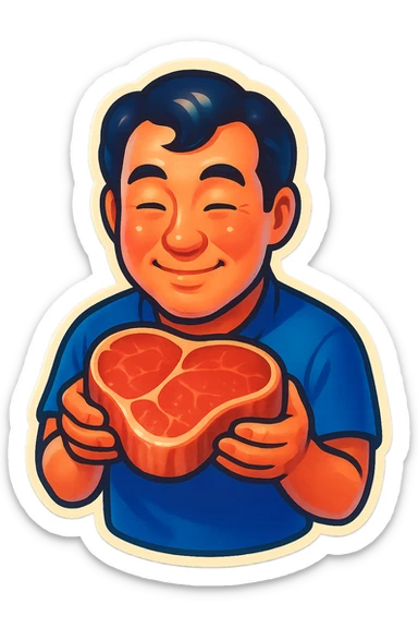 A Japanese man with a loving look holds a steak in his hands, preparing to eat it sticker