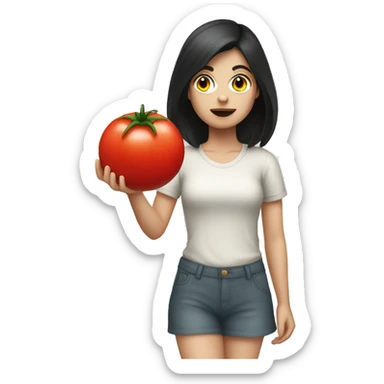 pale girl dark hair throwing a tomato  sticker