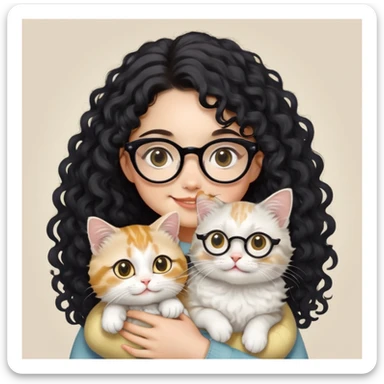A girl with a round face and warm yellow-toned skin, sporting long black curly hair and large eyes accentuated by black thin-framed square-round glasses, smiles softly while holding a grayish-white Munchkin cat with short legs. The cat features a distinctive gray spot just below its mouth.  sticker