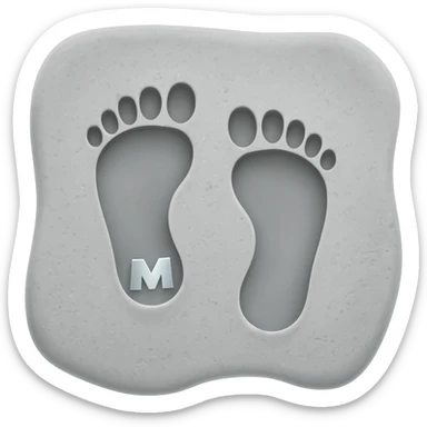 Minimalist 3D emoji: two stylized, bare footprints impressed deeply into soft, wet concrete. Textured surface. Engraved inside the heel of the leading footprint is a small, sharp chrome geometric 'M'. Isometric view, isolated on white --no background sticker