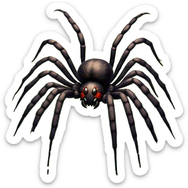 Huge spider sitting on grass with flowers, surrounded by a lush meadow. Detailed legs and body, with soft natural lighting enhancing its texture. Calm, serene background with vibrant greenery and a clear sky. Transparent background. sticker