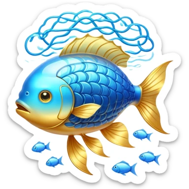 Ethereal golden fish swimming around a glowing brain, with omega-3 capsules floating between them. Flowing streams of luminous energy connect the fish, brain and omega symbol, all radiating with a soft golden light in a dreamy blue aura. sticker