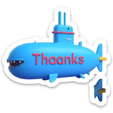 blue 3D submarine featuring the word 'Thanks', rounded letters, cheerful vibe sticker