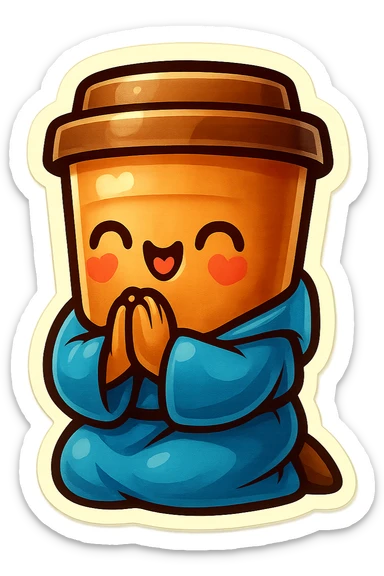 Tall coffee cup, bowing on knees, gushing with love, worship, wearing soft blue monk robes sticker