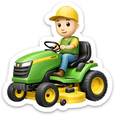 Lawn mowing mascot named grassy gus a green guy (not a human) on a completely yellow zero-turn ride on mower sticker