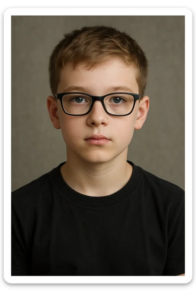 upper body portrait of a white boy with blue eyes, wearing black glasses and a black t-shirt, neutral expression sticker