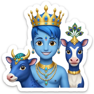 Krishna with cows, blue-skinned deity, peacock feather crown sticker