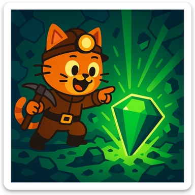 A cat-costumed miner excitedly finding a massive emerald at y -255, cartoon style, with glowing green light. sticker