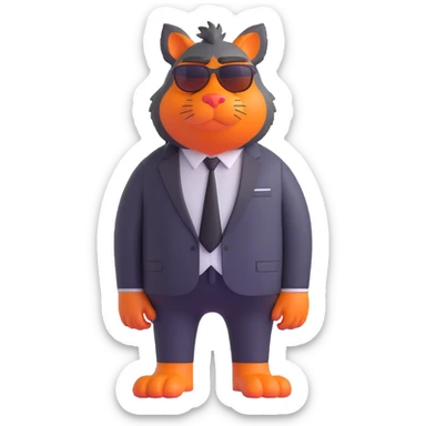 large furry cartoon creature with big orange nose, wearing sunglasses and black tie, standing upright, looking slightly to the left, grumpy expression, centered full body, plain blue background, 3D rendering style, smooth textures, bright lighting, humorous and playful mood sticker